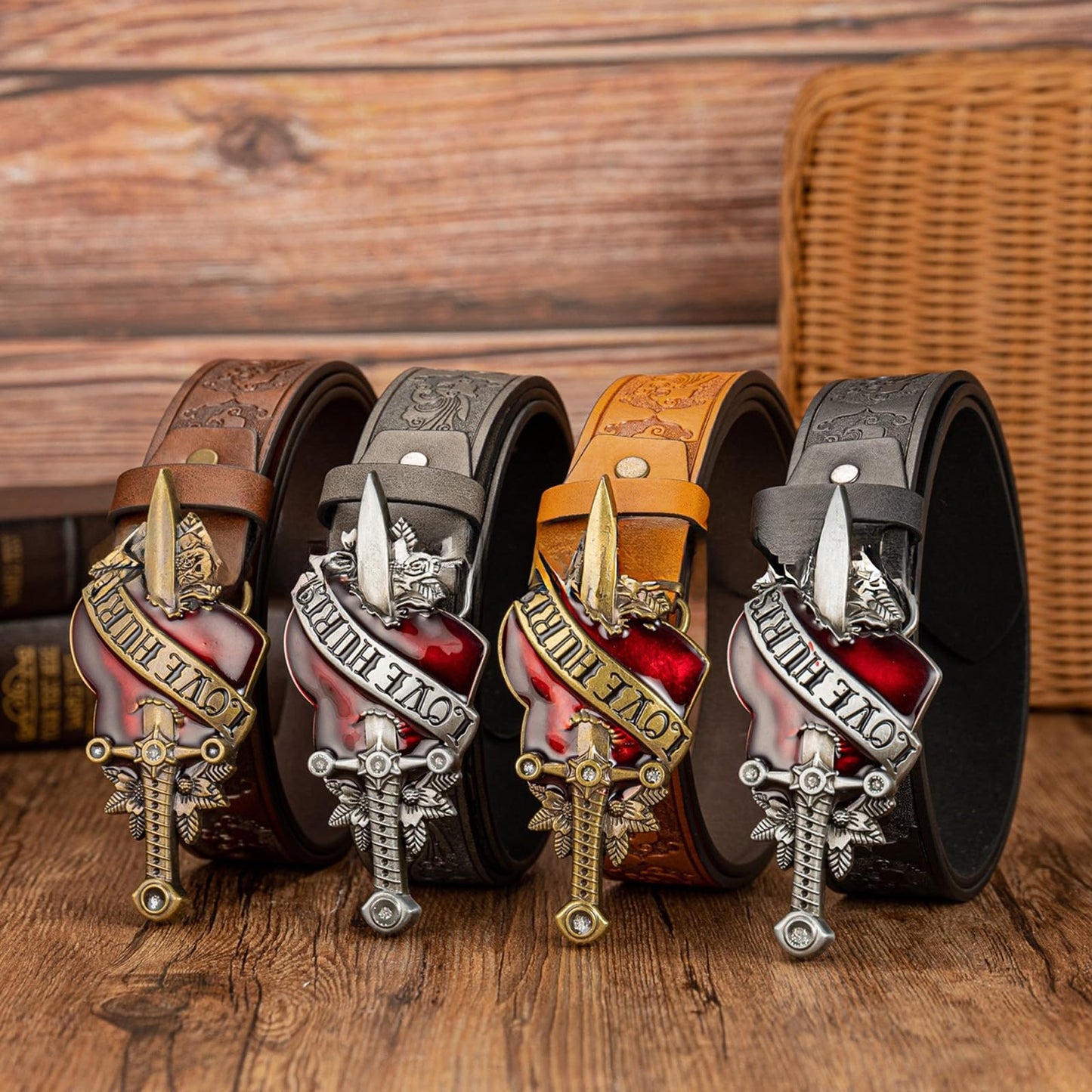 FAYZSOWSR Antique Belt, Western Cowboy PU Leather Belts with Heart and Sword Carved Buckle Retro Embossed Belt for Jeans (Black)