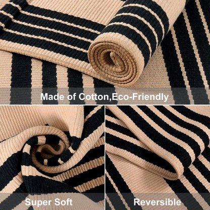 Black and Tan Striped Outdoor Rug, 2’ x 4.3’ Cotton Hand-Woven Reversible Front Porch Rug Washable Front Door Mat Entryway Rugs Welcome Layered Doormat Carpet for Patio Farmhouse Kitchen