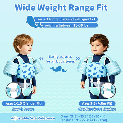 Vvinca Toddler Swim Vest for Kids 13-30 lbs, Toddlers Pool Floaties Jacket for Boys Girls Puddle Kid Jumper Adjustable Crotch Sleeves Shoulder for Ages 1-3 Baby Infant Learn to Swimming, Whale Waves
