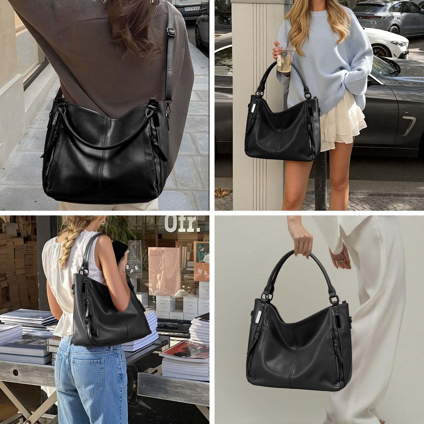 Goinsound Women's Hobo Bags Leather Large Tote Bag Purse with Multiple Pockets Shoulder Bag with Adjustable Straps Black