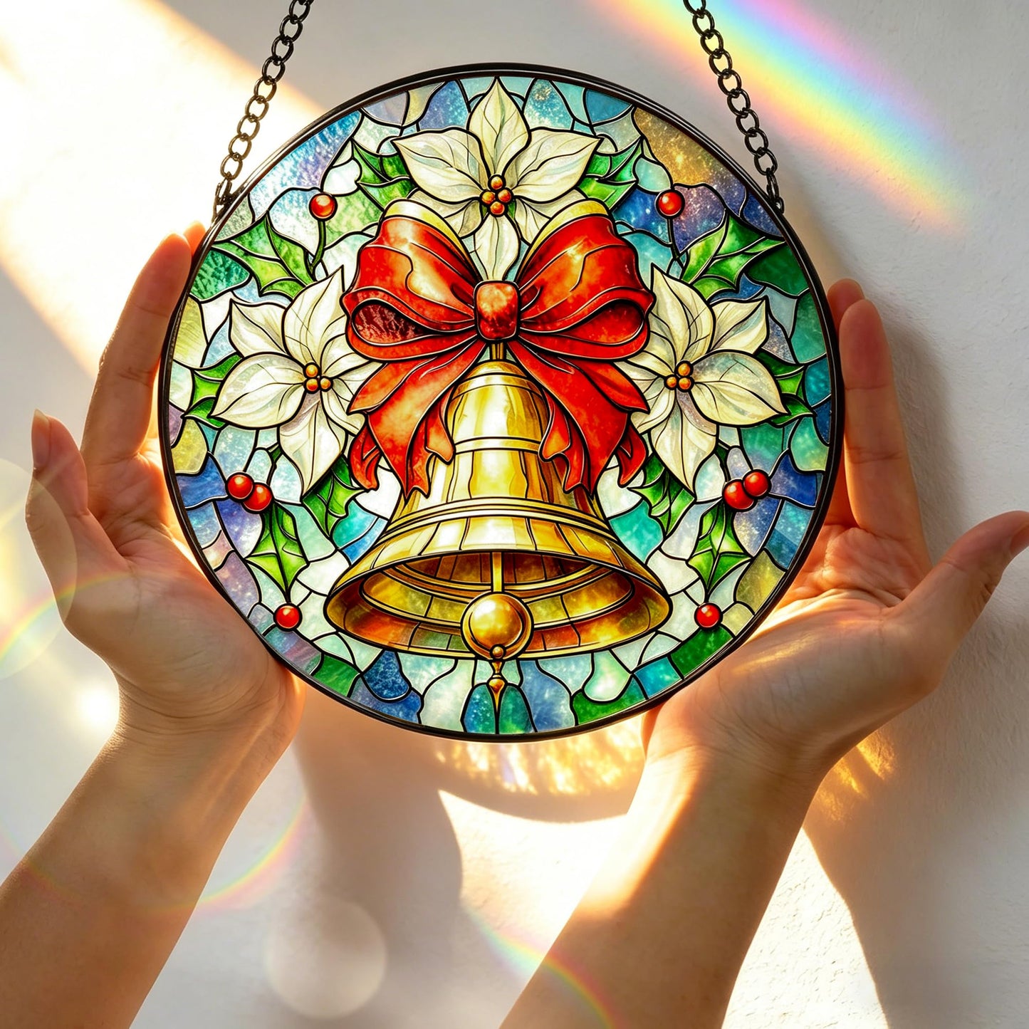 Stained Glass Window Hanging, 7.8 Inch Christmas Bell Suncatcher, Sun Catchers for Window Ornament, Festive Holiday Window Decor, Gifts for Christmas, New Year, Thanksgiving, Housewarming