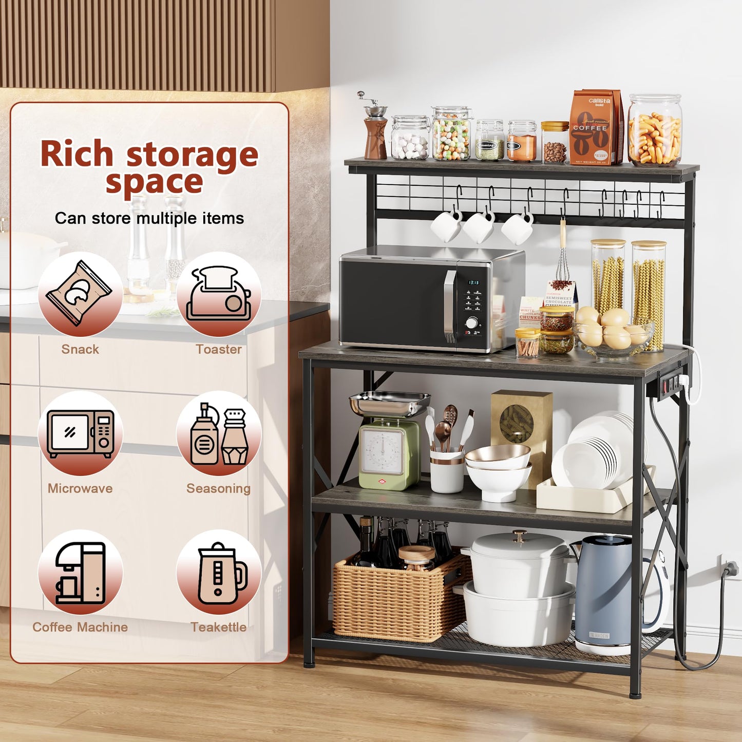 Furologee Kitchen Bakers Rack with Power Outlet, Microwave Oven Stand with Storage 4 Tiers, Coffee Bar Table with 6 S Hooks, Kitchen Storage Shelf Rack for Spices, Pots, Rustic Brown