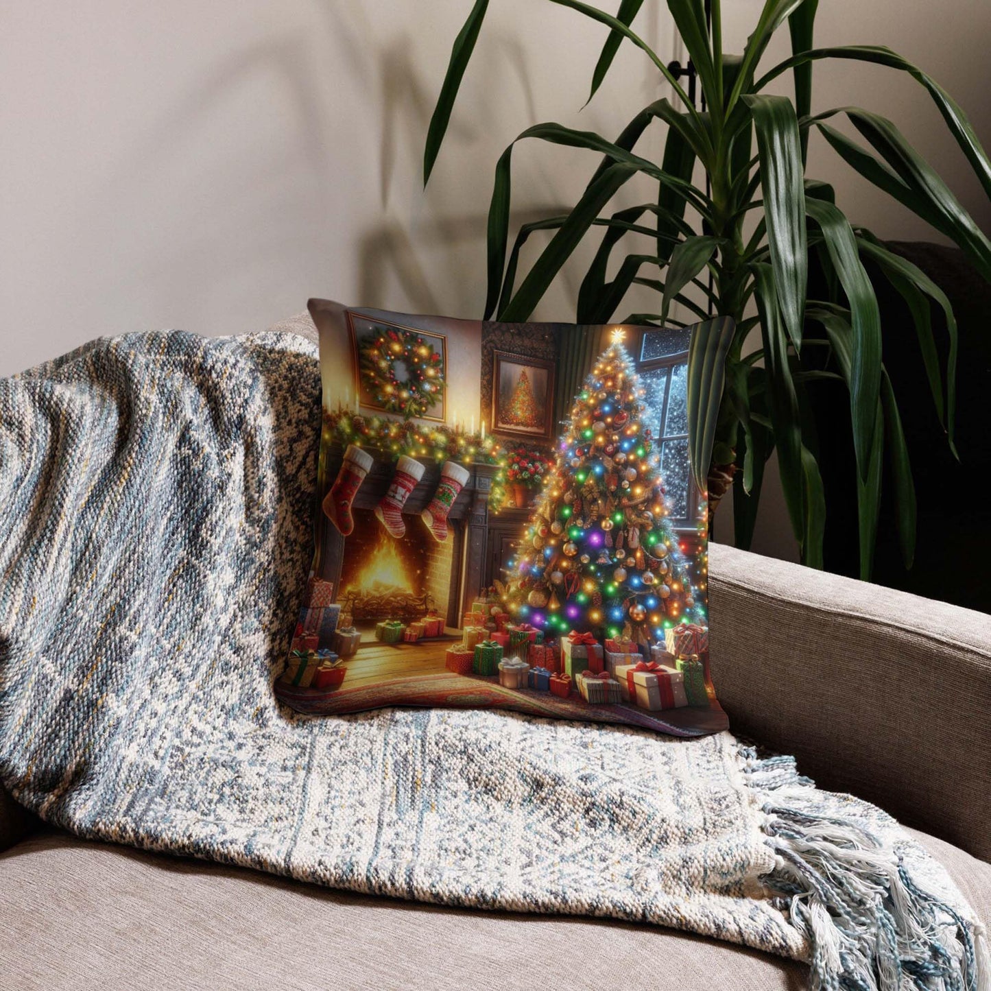 Throw Pillow Cover 20x20 Inch,Christmas Living Room Christmas Tree Adorned Lights Ornaments Stockings Hang Above Fireplace Throw Pillow Case,Home Decor Cushion Covers for Sofa Living Room Couch Bed