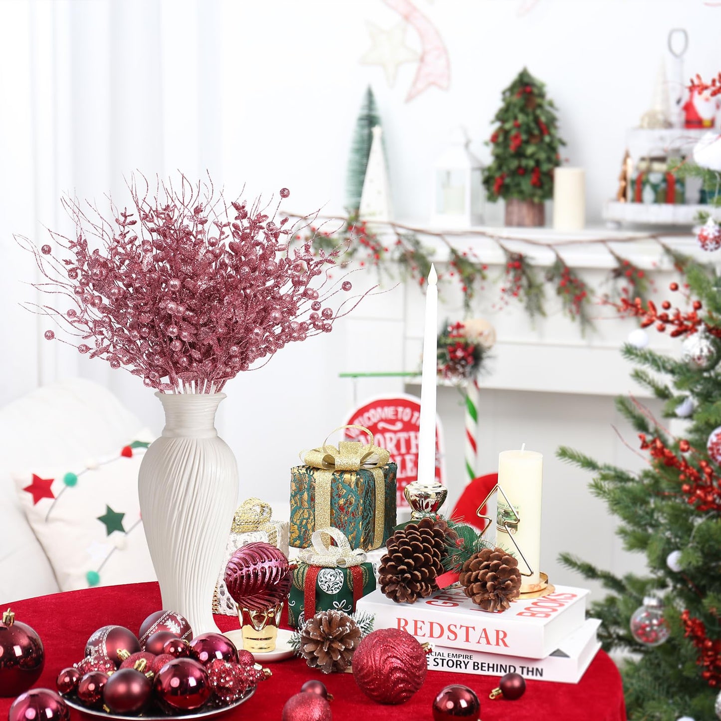 24 Pack Christmas Tree Decorations Picks and Sprays, Christmas Ornaments Artificial Glitter Berry Stems Branches Picks Twigs for Xmas Tree Vase Filler Home Holiday Decor (Pink-A)