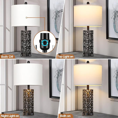 Vintage Lamp for Living Room Set of 2,Rustic Retro Bedside Nightstand Lamps with 2 USB Ports & AC Outlet,Touch Control Industrial Desk Lamp for Bedroom Entryway,Black with Bronze Bruch