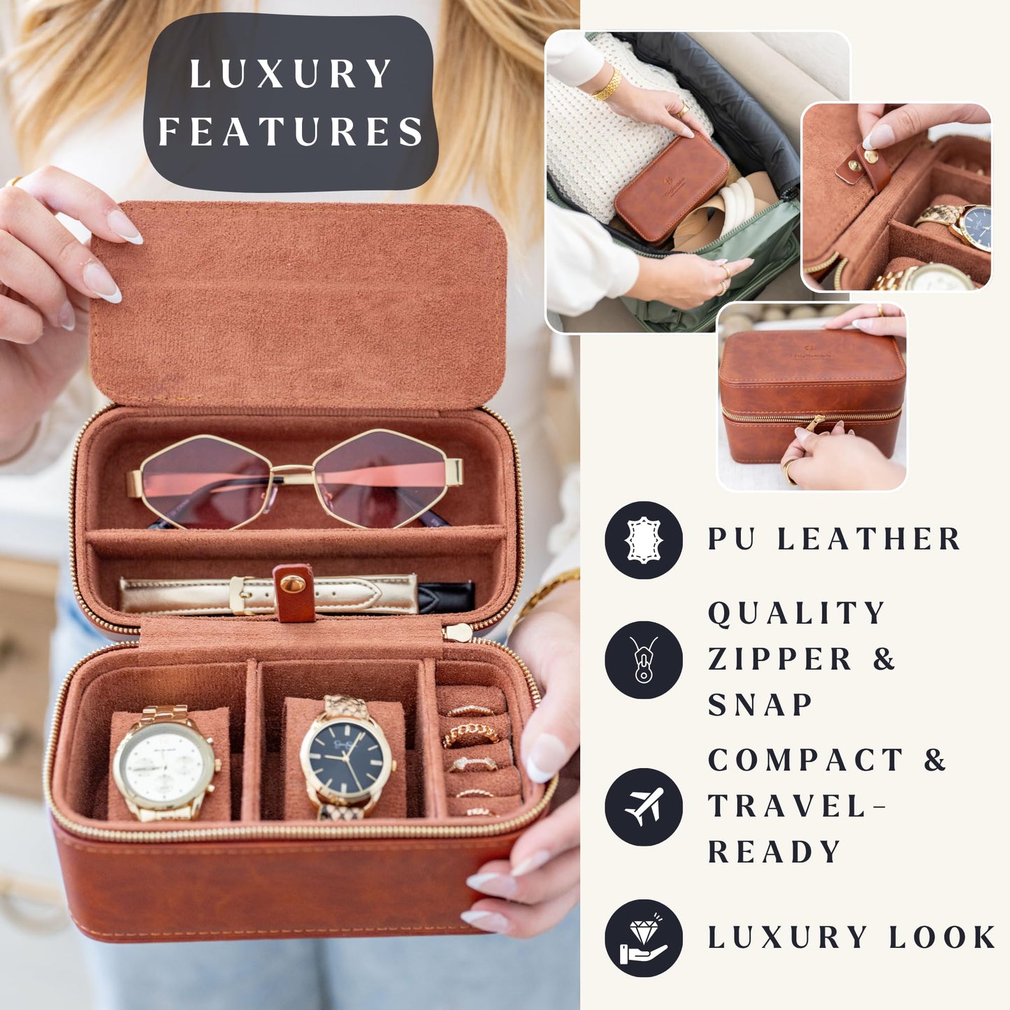 DIGICASE Watch and Jewelry Travel Case for Men & Women, Luxury PU Leather Organizer for 2 Watches, Rings, Earrings & Sunglasses - Black - Zippered Compact Travel Storage Jewelry Holder Gift (BROWN)