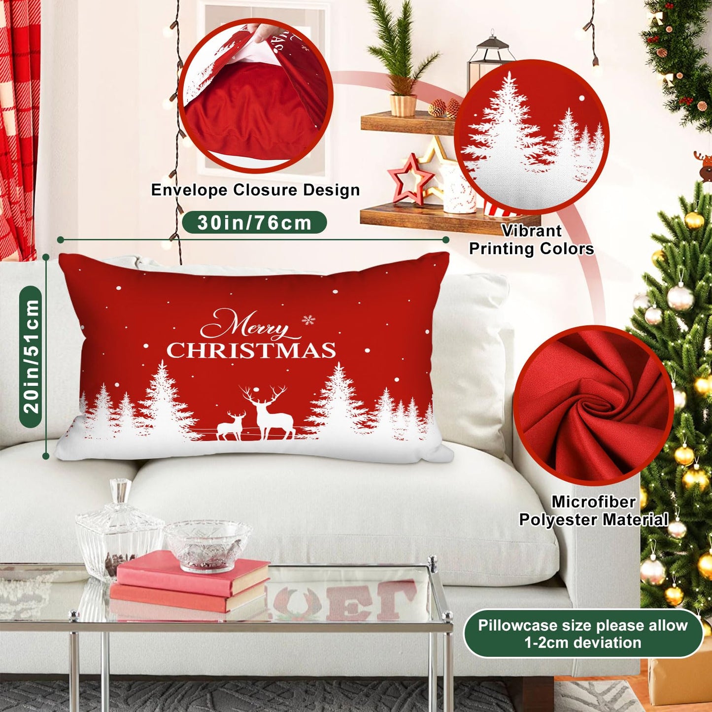 Lanpn Christmas Queen Pillowcase 20x30 Set of 2, Red Christmas Tree Snowflake Lumbar Pillow Cases 20 x 30 Long Rectangle Queen Shams Throw Bed Pillow Covers Winter Holiday Xmas Cushion Cover 2 Pack