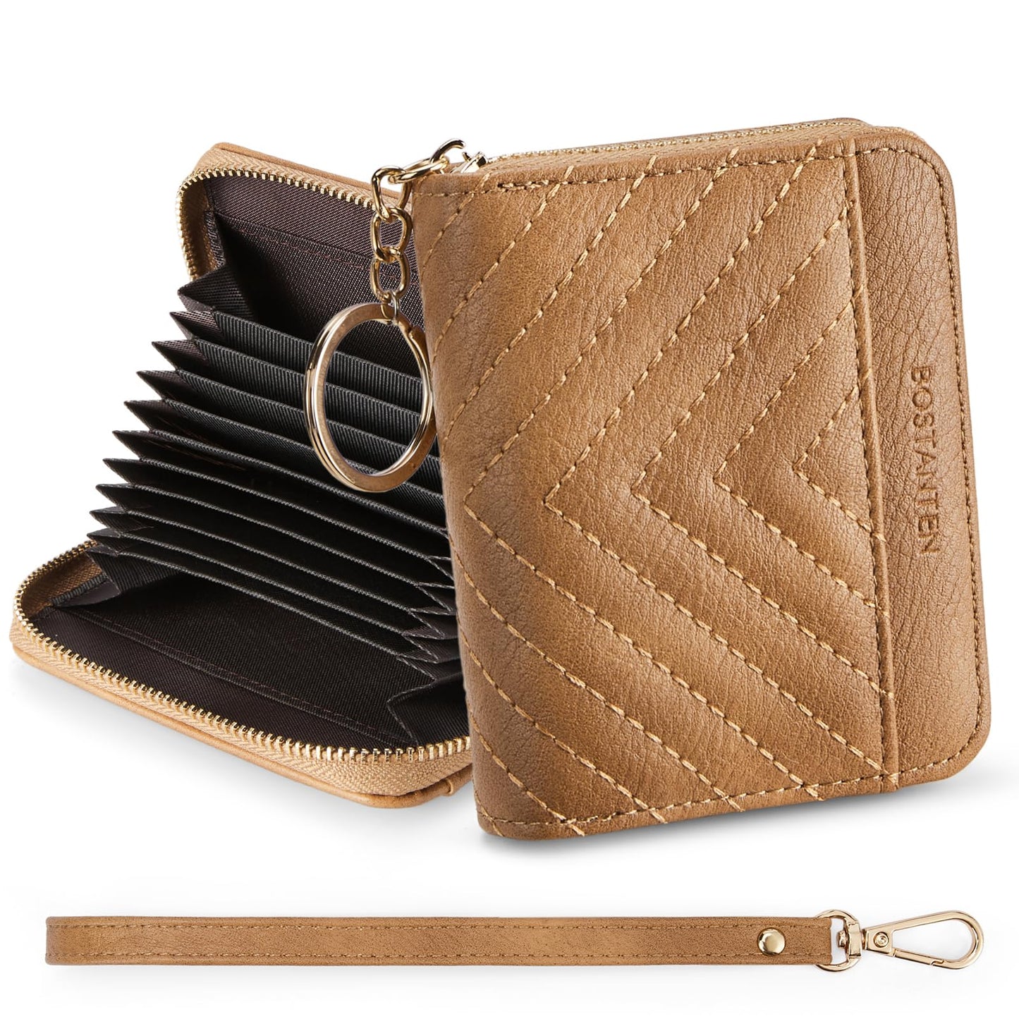 BOSTANTEN Credit Card Holder Wallet RFID Blocking Leather Small Wallet for Women Zipper Keychain Wallet with Wristlet Camel