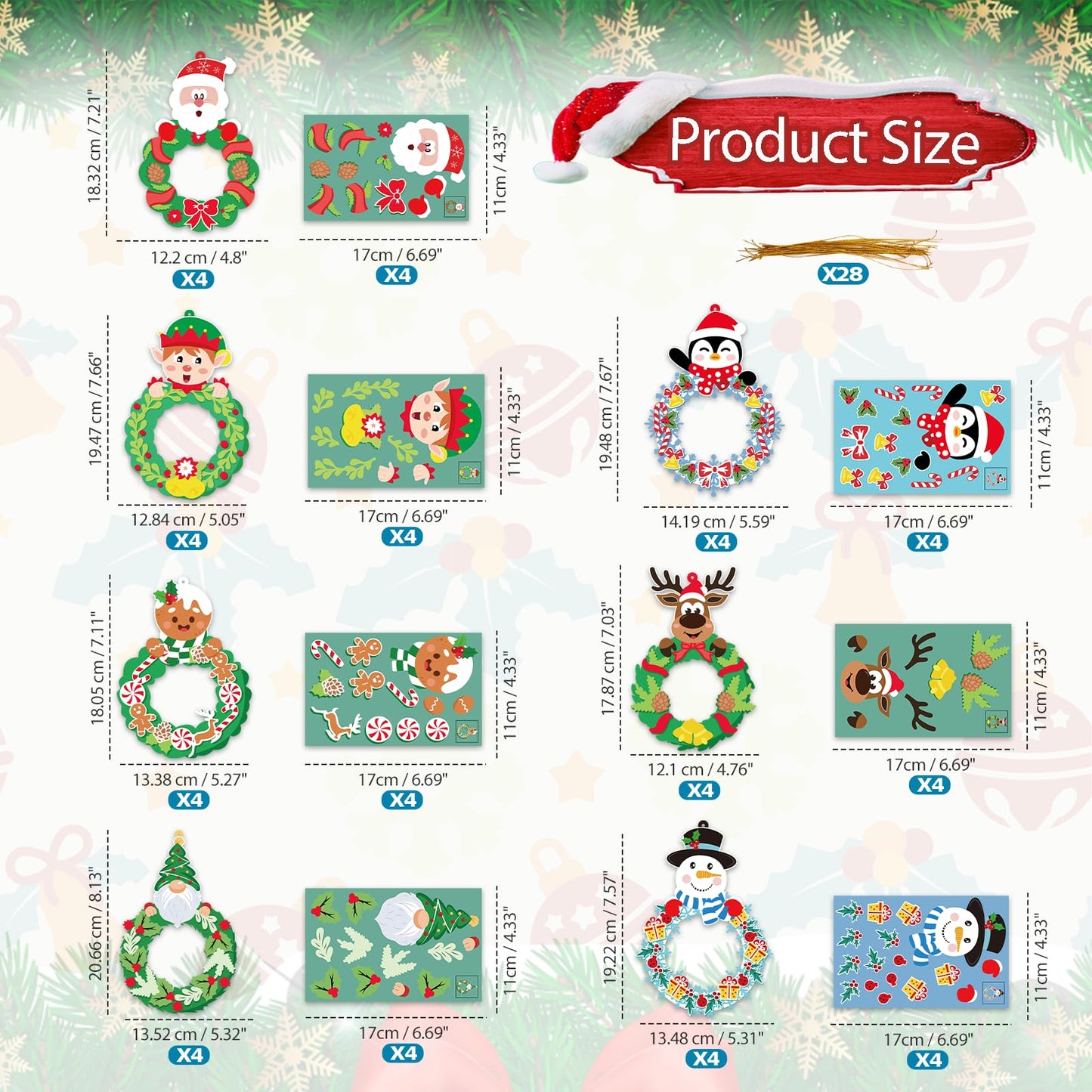 VABAMNA 28 Pack Christmas Picture Frame Craft Kit for Kids, Christmas Wreath Kit DIY Photo Frame Paper Crafts Gingerbread Snowman Hanging Ornaments for Xmas Tree Winter Art Home Classroom Activities
