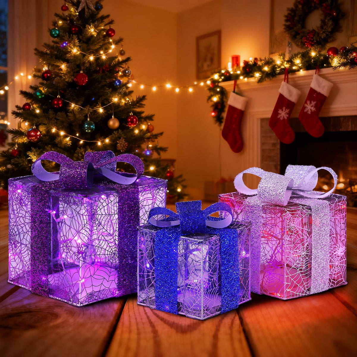 DomKom Set of 3 Halloween Christmas Lighted Gift Boxes Decorations, Plug-in 60 LEDs Metal Frame Present Box, Light Up Xmas Tree Skirt Ornament Decor for Yard Patio Lawn Party