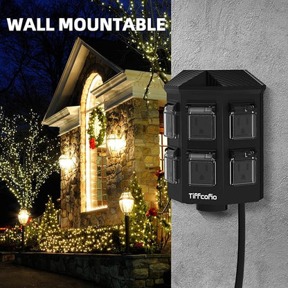 TiFFCOFiO Outdoor Power Strip with 25FT Extension Cord, Remote Control Dusk to Dawn Light Timer Waterproof, 6 Grounded Outlets for Halloween Inflatables and Decorations, ETL Listed