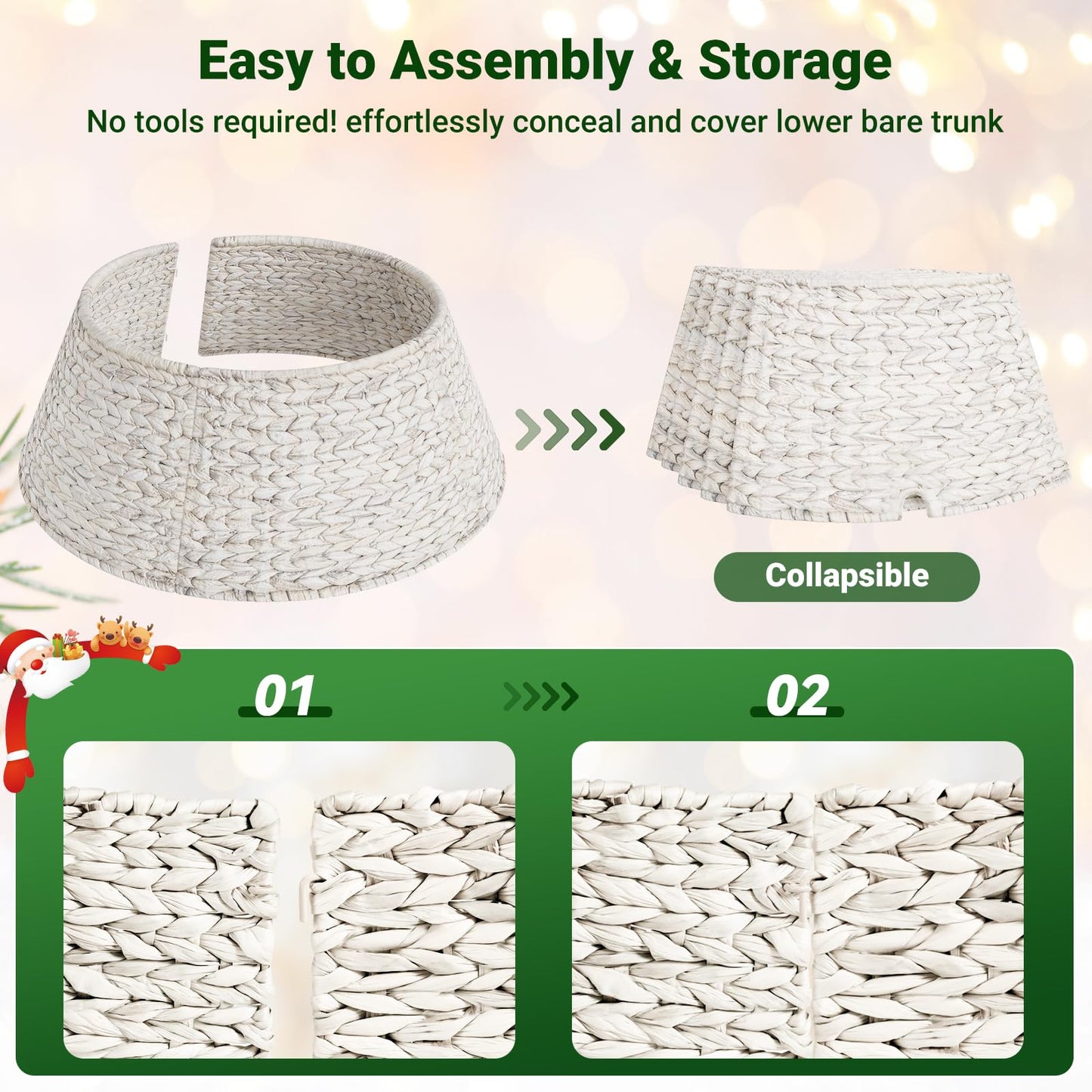 ELYKEN 28-Inch Woven Rattan Christmas Tree Collar, Stylish Hyacinth 5-Piece Tree Skirt for Artificial Trees, Wicker Tree Base Cover with Cord Cut-Out for Home Decor, Living Room Display, White Wash