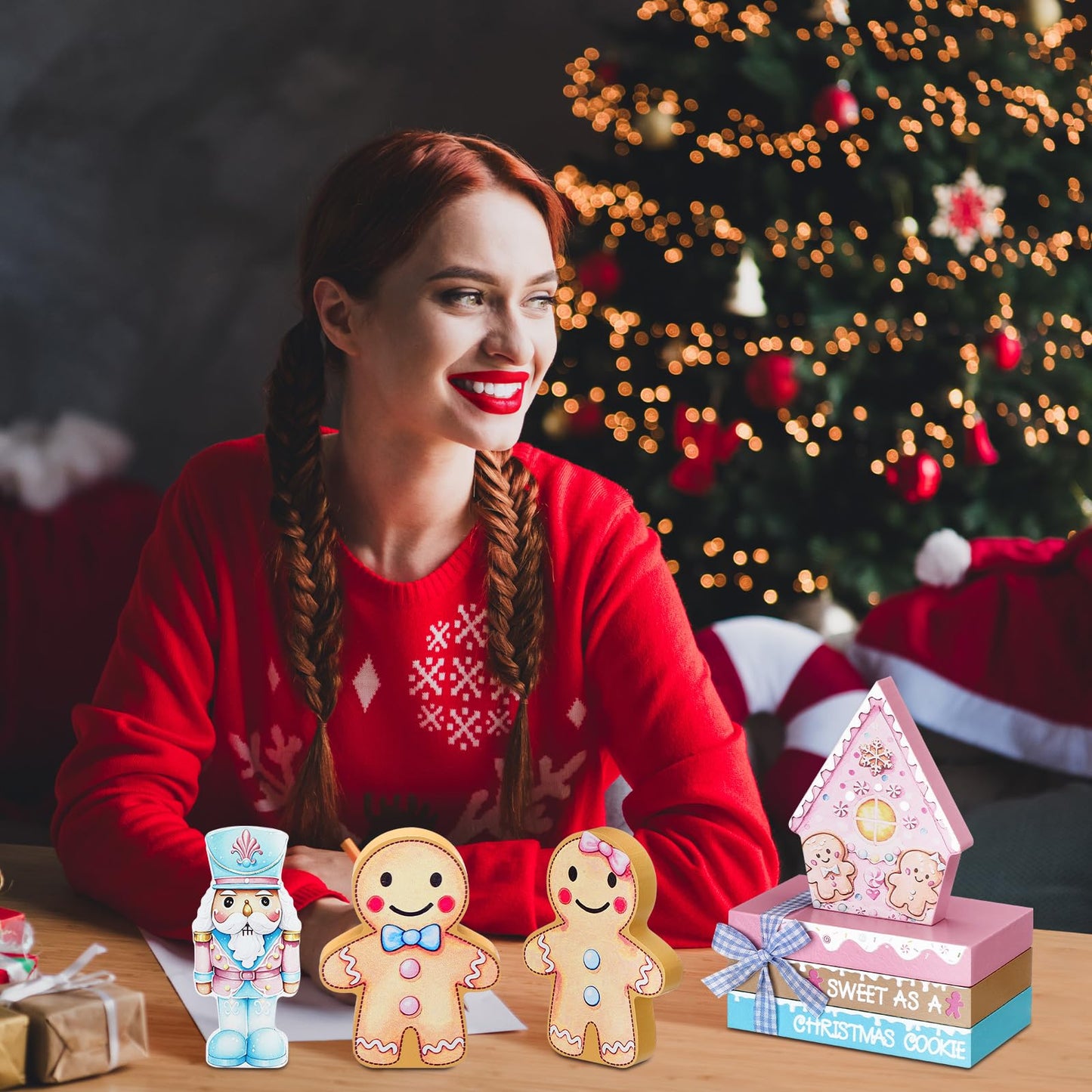 Sivak 6 Pcs Pastel Pink Gingerbread Christmas Decor Gifts, Pastel Pink Christmas Decorations Indoor, Gingerbread House Decorations, Xmas Decor for Farmhouse Home Office Mantel Shelf Table Tiered Tray