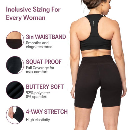 SATINA Biker Shorts for Women – 5-Inch High Waist Yoga Shorts with Pockets – Buttery Soft, Stretchy Peach Skin Fabric – Tummy Control & Moisture-Wicking – Black, Medium – Regular & Plus Sizes