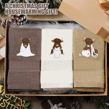 3 Pcs Highland Cow Hand Towels Embroidered Cow Farmhouse Decorative Bath Towels