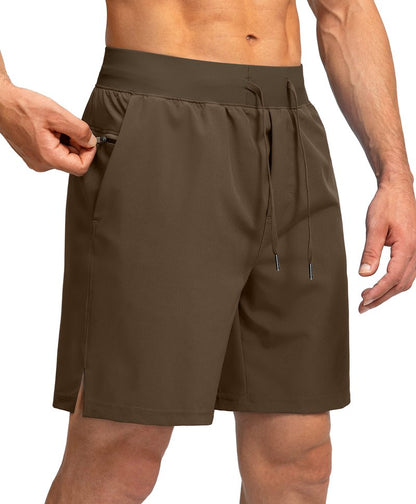 Soothfeel Men's Running Shorts with Zipper Pockets 7 Inch Lightweight Quick Dry Gym Athletic Workout Shorts for Men (Brown, XL)