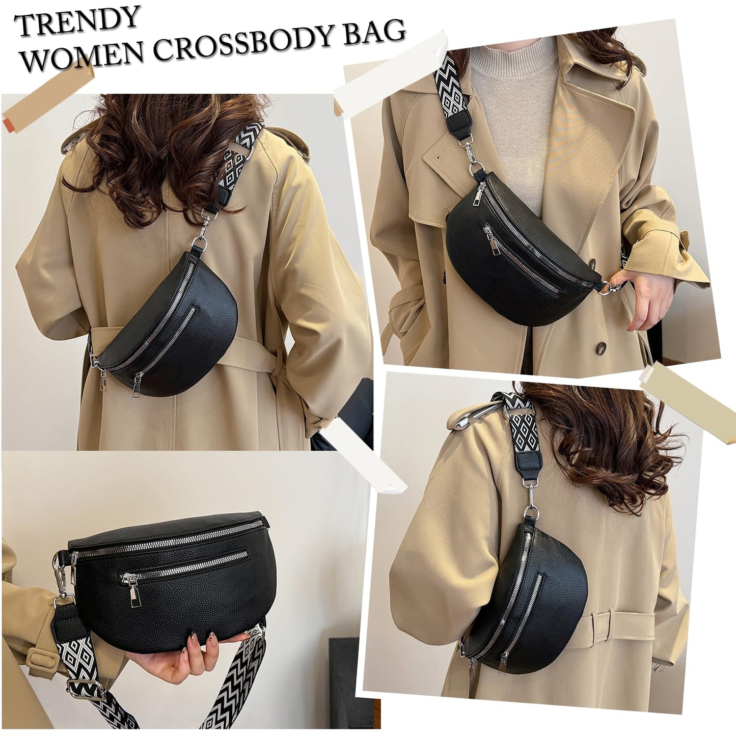 Long Keeper Faux Leather Crossbody Bags Bum Bag for Women Fanny Pack Lady Trendy Shoulder Sling Bag Waist Bags Belt Bag (Matte Black)