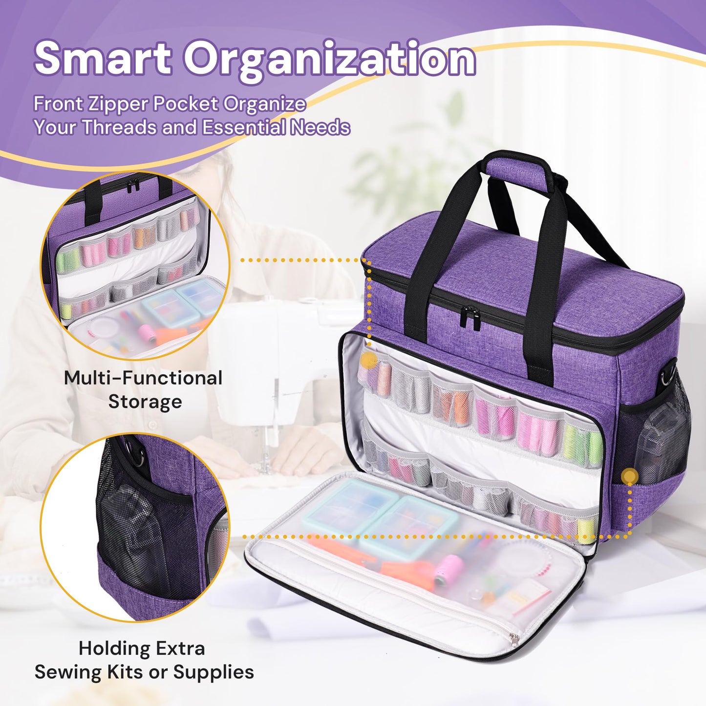 Golkcurx Sewing Machine Carrying Case with Removable Bottom Pad, Side Pocket for Sewing Kit Storage and Adjustable Shoulder Strap, Universal Sewing Machine Bag Fits Standard Singer, Brother, Janome