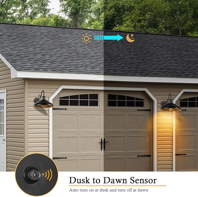 Dusk to Dawn Outdoor Gooseneck Barn Light Fixtures, 16 Inch Dome Large Wall Sconce Farmhouse Exterior Wall Mount Light for House Garage Patio Doorway, 2 Pack