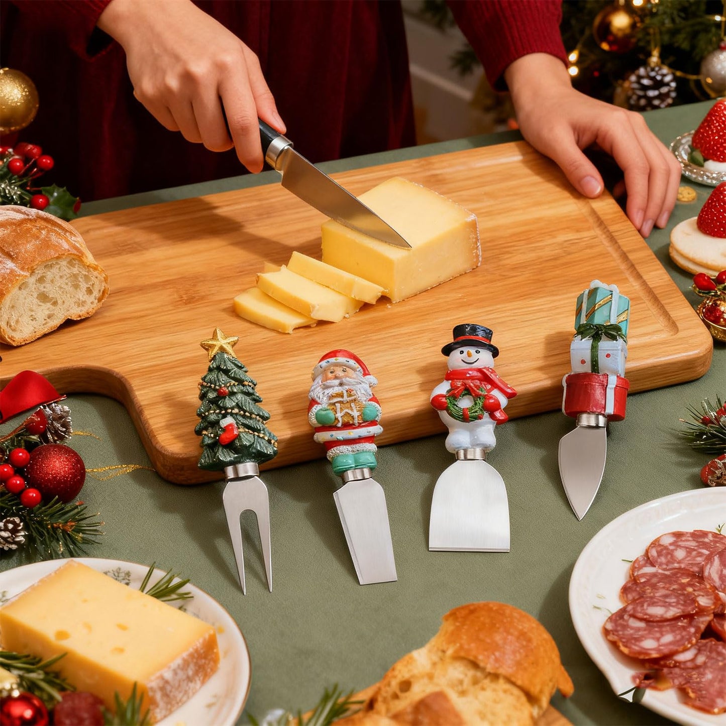 Linwnil 4-Piece Hand Christmas Resin Handles Cheese Knives, Xmas Charm Cheese Spreader Knife for Charcuterie Board Tools