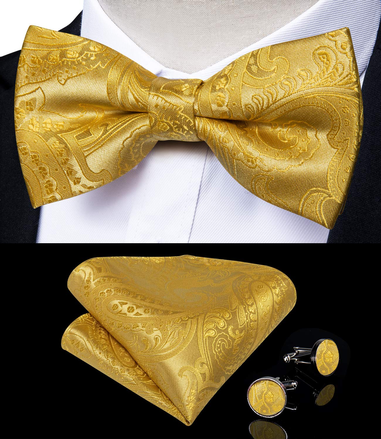 DiBanGu Gold Paisley Suspenders for Men Y-Shape Adjustable Suspenders Bowtie Pocket Square Cufflinks Clip Brace