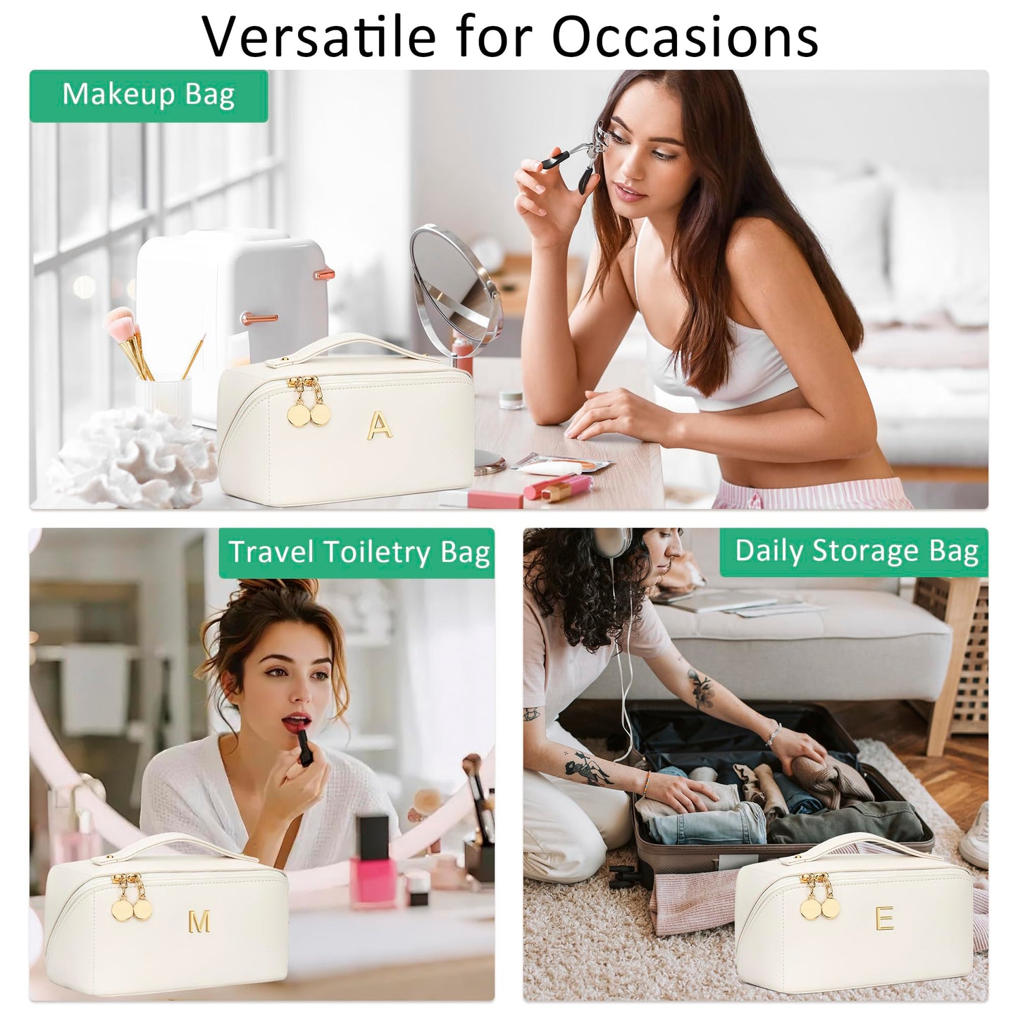 CLOUDWINGS Initial Makeup Bag Gifts for Women Bridesmaid Gifts Travel Toiletry Personalized PU Leather Waterproof Cosmetic Bag (Medium-Beige-A)
