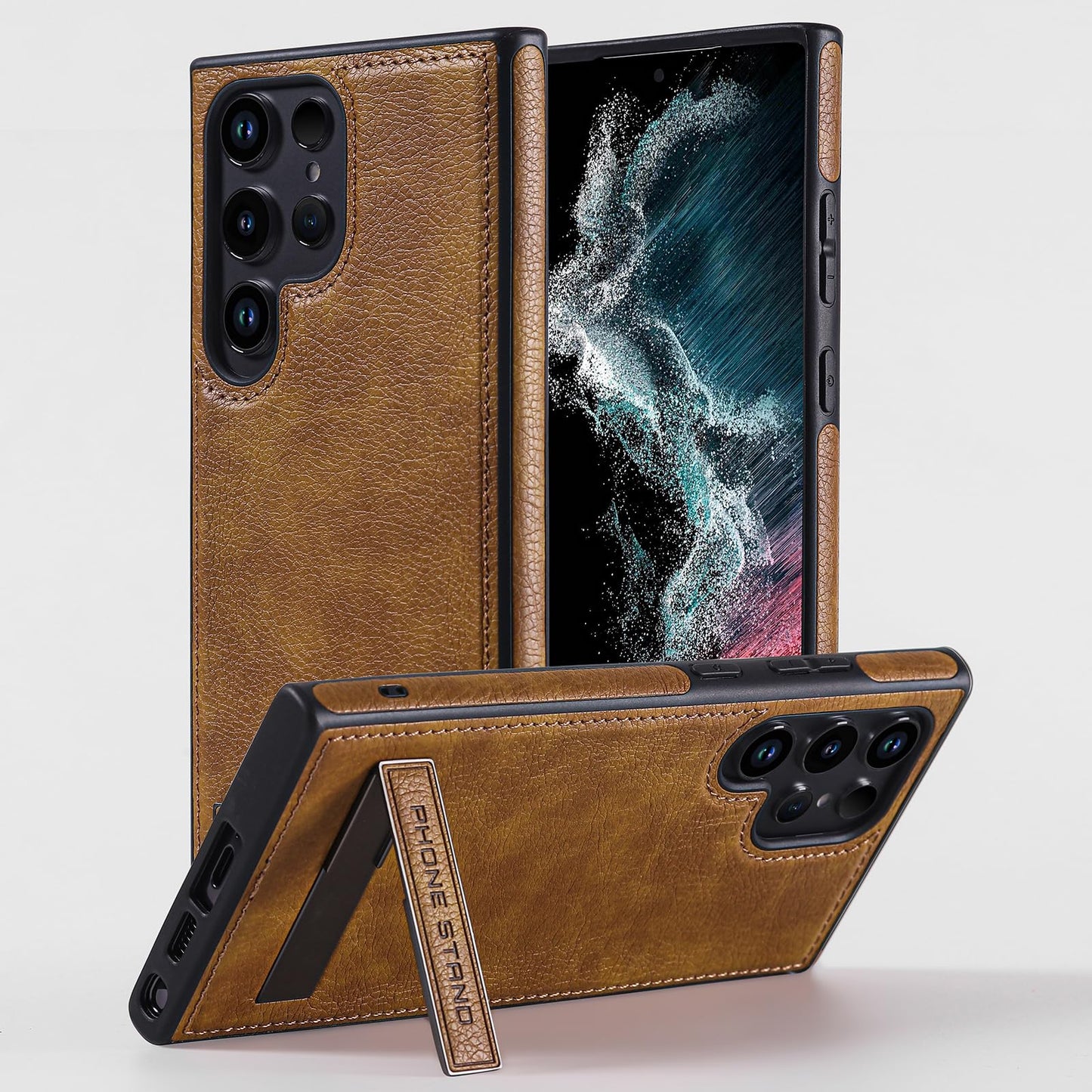 KSELF Leather Case with Stand for Samsung Galaxy S23 Ultra Case, Protective Soft Grip Luxury Cover for Men, Protective Slim Kickstand Shockproof Phone Cases Compatible with S23 Ultra 6.8", Brown