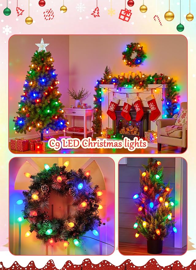 Vintage C9 LED Christmas Lights Outdoor, 150 Feet C9 String Lights with 150 Shatterproof C9 Bulbs, Waterproof Connectable Commercial Christmas Tree Lights for Outside Roofline Patio Decor, Multicolor