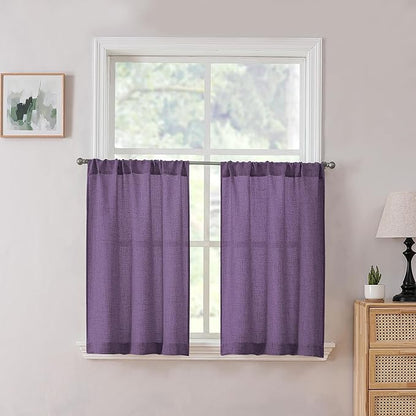 Tollpiz Linen Tier Curtain Rod Pocket Semi Sheer Half Kitchen Curtains Burlap Light Filtering Thick Linen Drape for Bathroom, 30 x 36 inches Long, Royal Purple, Set of 2 Panels