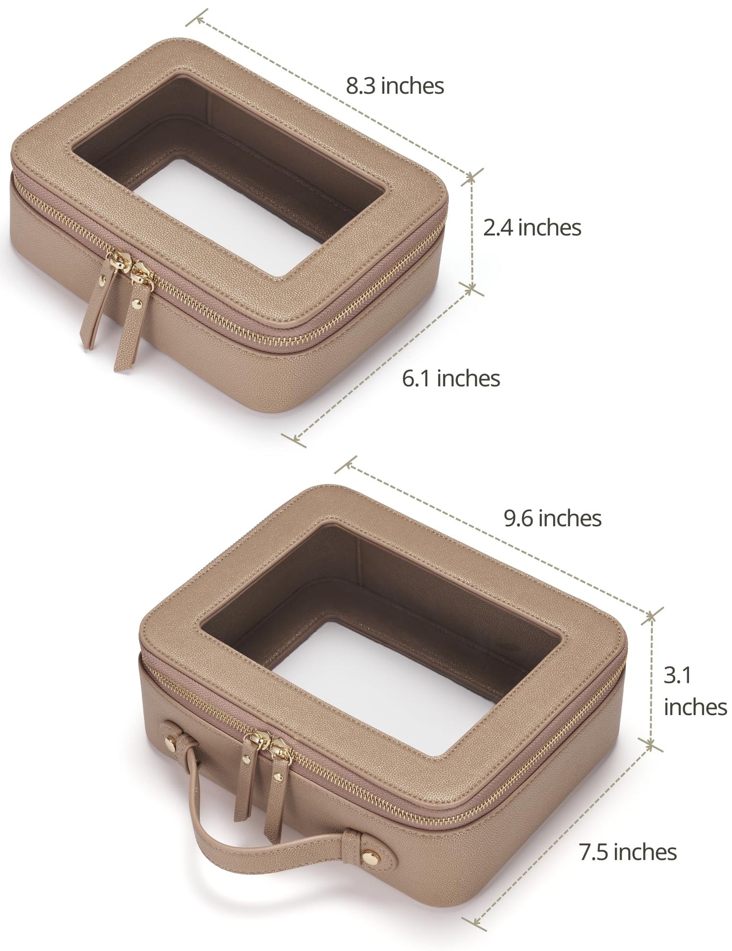 Popvibe Clear Makeup Bag Travel Cosmetic Case Transparent Toiletry Bag with Zipper, Portable Make Up Organizer Traveling Compact Car Bag for Essentials, Gold, Medium and Large