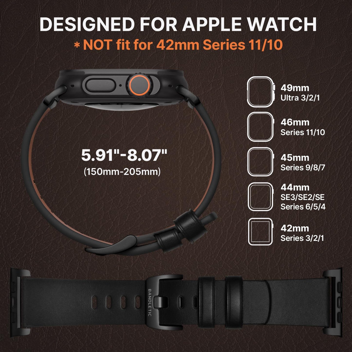Bandletic Compatible with Apple Watch Bands for Men Women, Soft Genuine Leather Band Replacement Strap for iWatch 49mm(Ultra 3/2/1),46mm(11/10),45mm(9/8/7),44mm(SE3/SE2/SE/6/5/4),42mm(3/2/1)