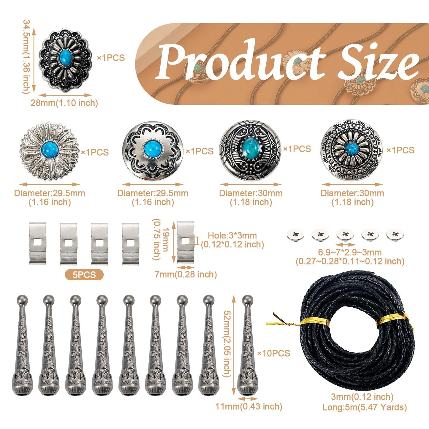 Pandahall 20Pcs Bolo Tie Slider Clasp Kit Alloy Turquoise Buttons Leather Necktie Bolo Tie Tips Replacement End Caps Bolo Tie Slide Clasp for Bracelet Jewelry Making DIY Craft Wallet Bag