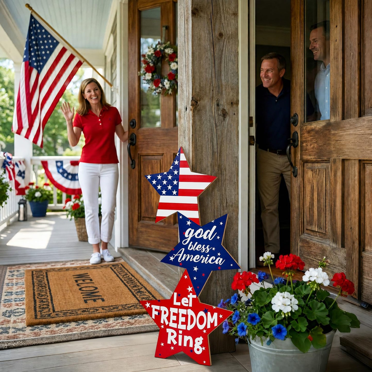 LawnIdyll 4th of July Large Wooden Star Porch Sign, Independence Day Standing Decoration God Bless America Star Shape Sign for Patriotic 250 Anniversary Red White Blue Outdoor Indoor Yard Front Door