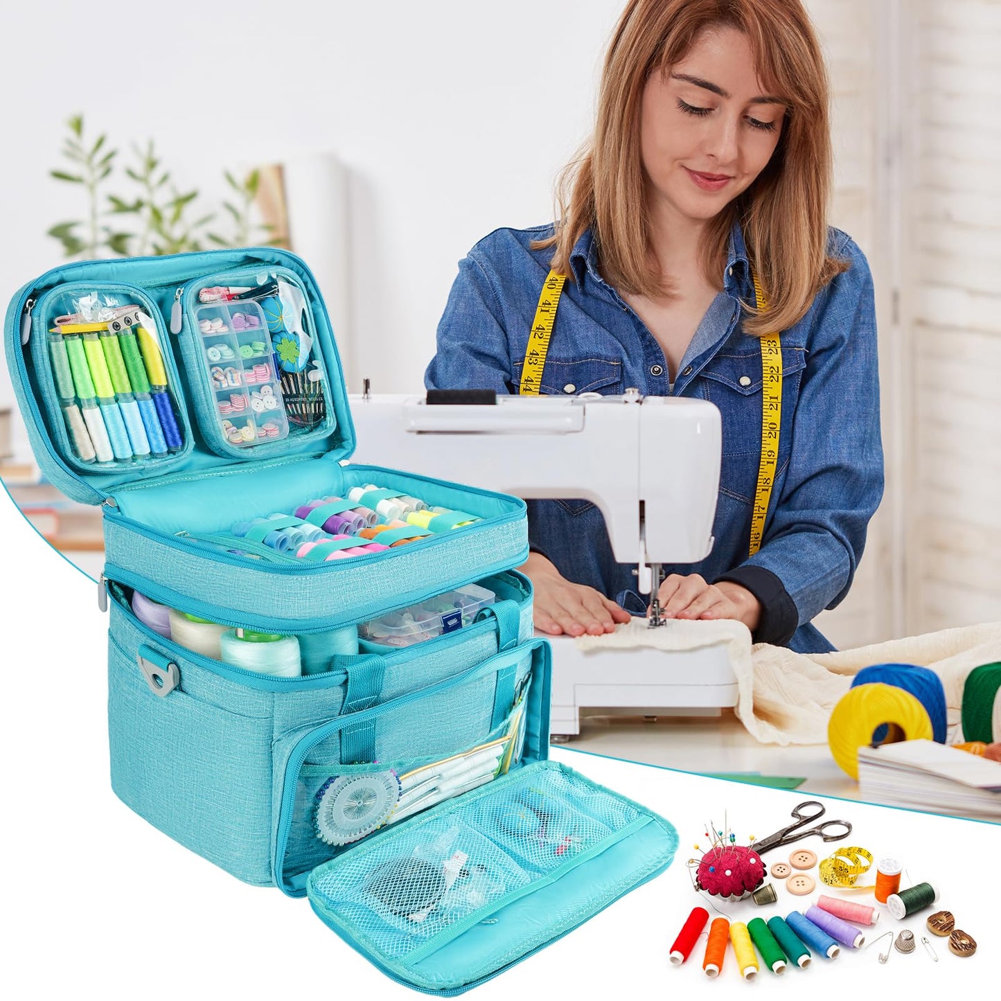 MRINCA Sewing Accessories Organizer Bag, Double Layer Sewing Storage Bag with Shoulder Strap, 2 Detachable Pouches, Large Portable Sewing Travel Case for Supplies, Thread, Scissors, Tools (Blue)