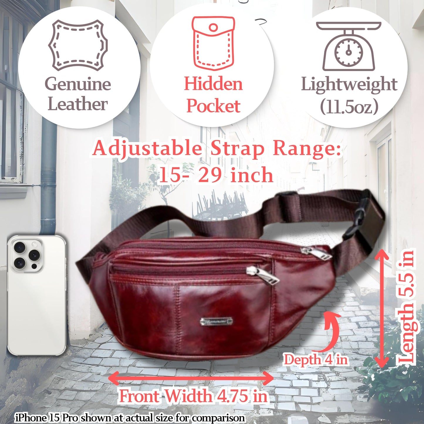 Genuine Leather Fanny Pack Bum Bag for Men – Crossbody Sling Waist Bag with 3 Pockets & Hidden Anti-Theft Pocket, Adjustable Strap, Lightweight Travel Hip Bag for Hiking, Outdoor & Daily Use (Navy)