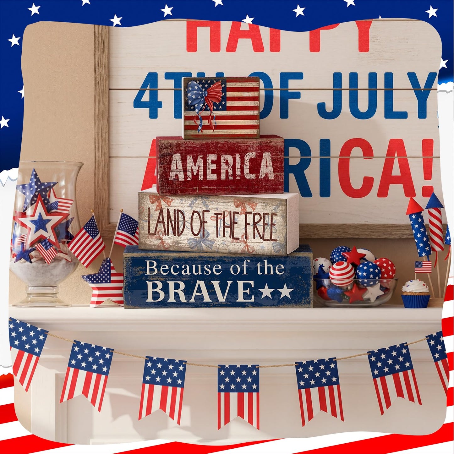 CroBlissful 4 Pcs 4th of July Decorations Patriotic Memorial Day Tabletop Decoration Red White Blue Table Centerpieces 250th Anniversary Wooden Fourth of July Sign for Office Tiered Tray Home Shelf