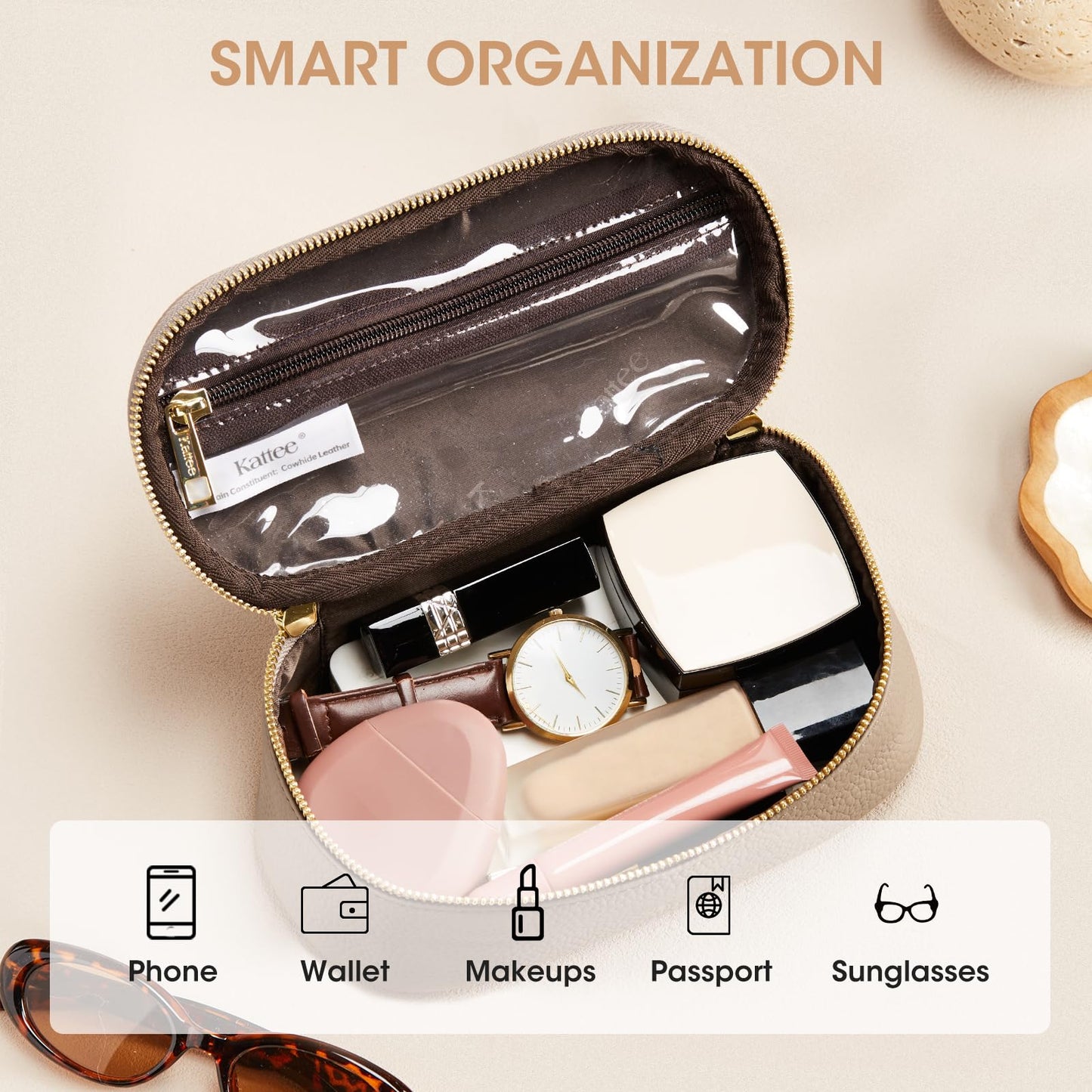 Kattee Makeup Bag for Women, Leather Cosmetic Bag, Working Makeup Bags for Ladies with Handles, Portable Travel Toiletry Bag,Apricot