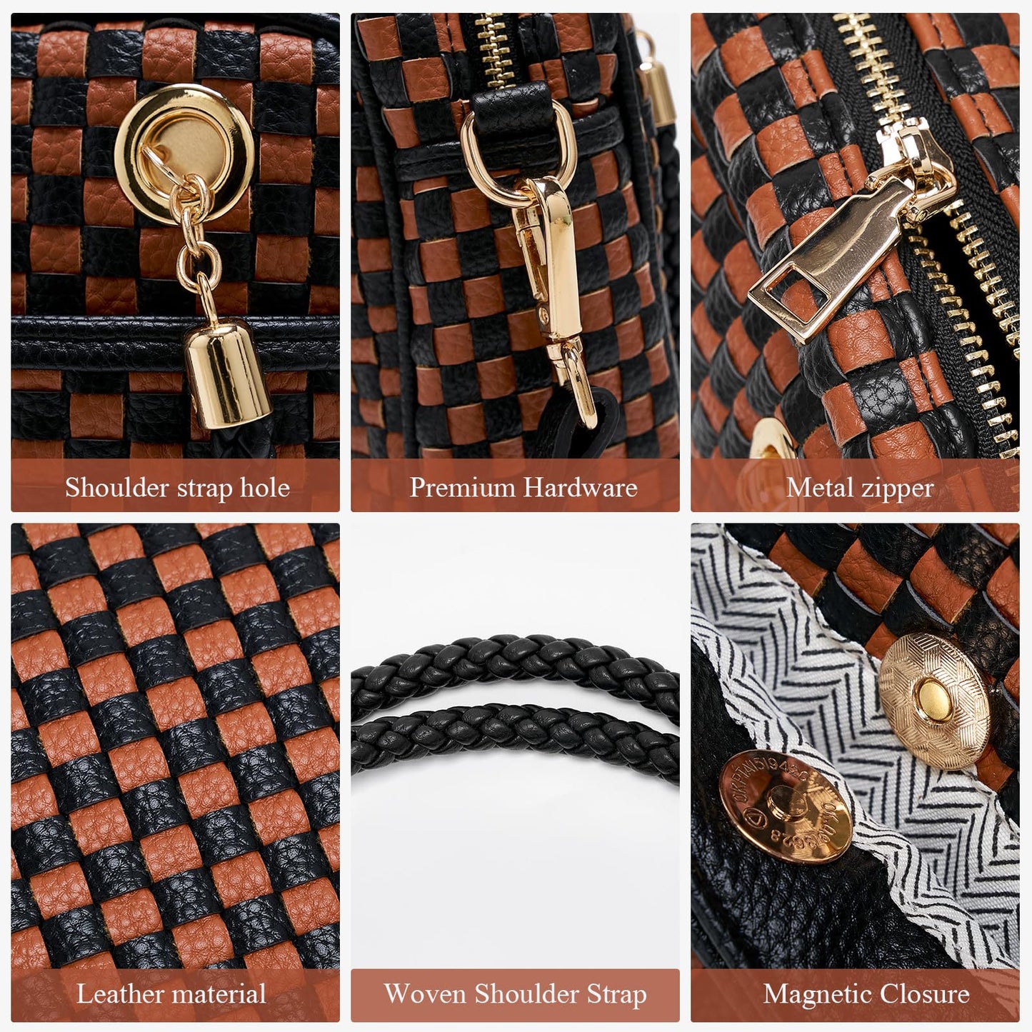 Woven Crossbody Bags for Women, Vegan Leather Two-Tone Satchel with Braided Top Handle, Structured Checkerboard Shoulder Purse with Adjustable Strap