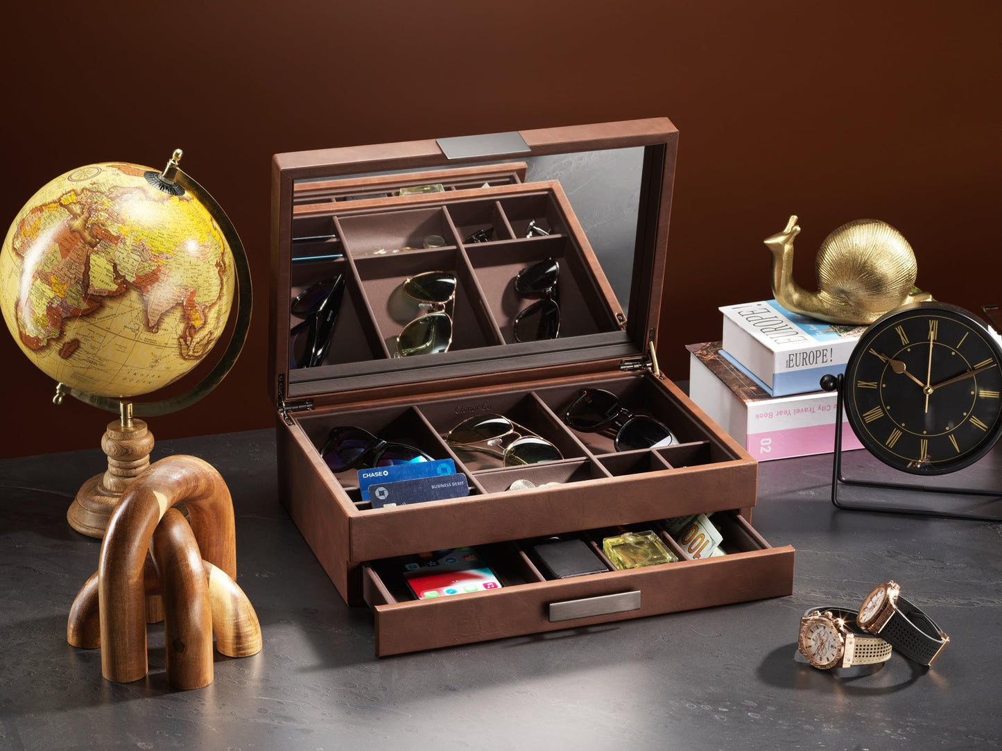 Glenor Co Mens Valet/Dresser Organizer - Luxury 12 Slot Jewelry Accessories Box, Carbon Fiber Design, Drawer Tray, Metal Buckle & Large Mirror for Men’s Watches, Sunglasses, Wallet - Pu Leather Brown
