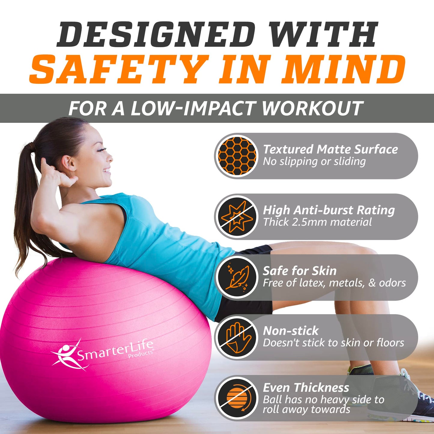 SmarterLife Exercise Ball Yoga Ball for Fitness, Balance, Stability, or Pregnancy, Gym Ball for Core Workout, Physical Therapy, Yoga Ball Chair for Office, Anti-Slip Anti-Burst