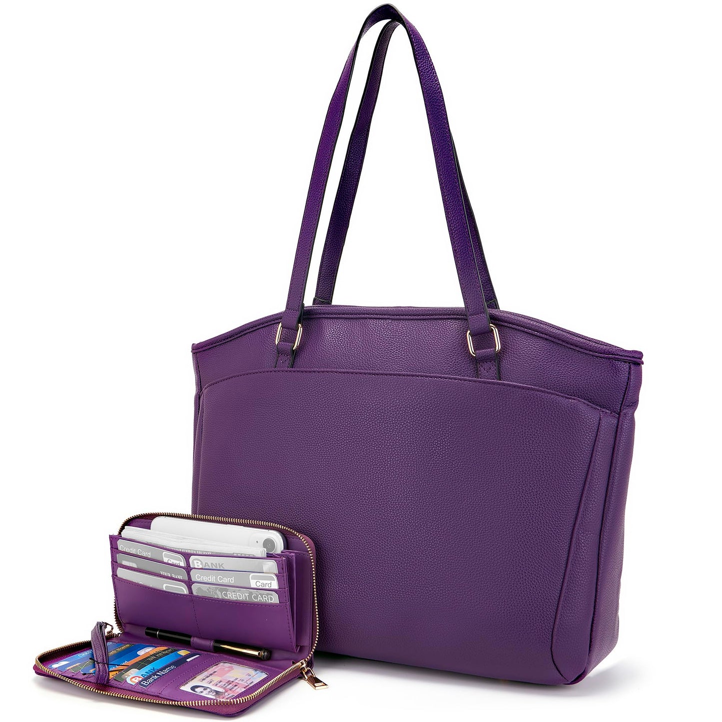 YZAOLL 15.6 Inch Laptop Tote Bag for Women,Water-resistant Vegan Leather with Anti-Scratch Padded Sleeve,Lightweight Multi-Pocket Work Bag for Business Travel,College,Office Essentials,Purple