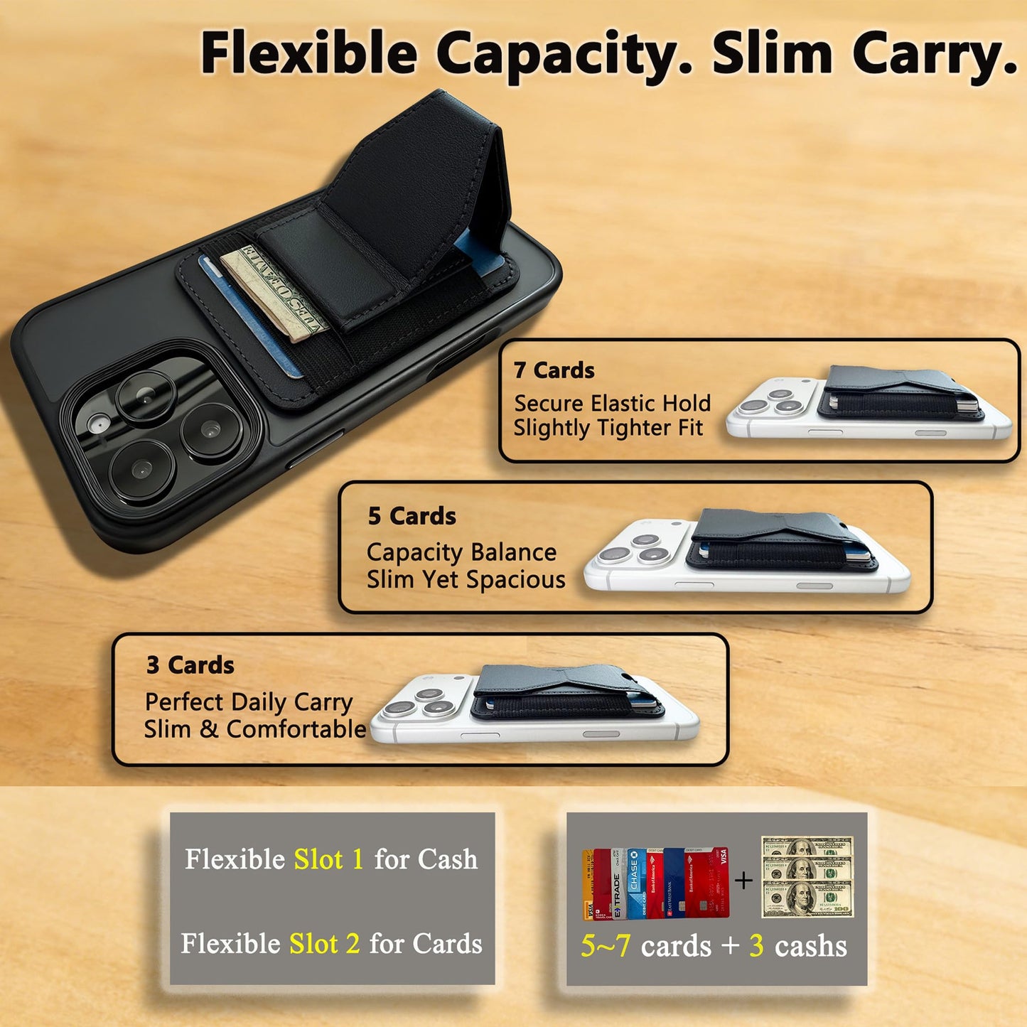 JIKAMO for MagSafe Wallet, Slim Magnetic Wallet for iPhone Magnetic Card Holder, Mag Safe Wallets with Phone Stand fits 5 Cards MagSafe Case iPhone 17/16/15/14/13/12 Series, Minimalist RFID, Black