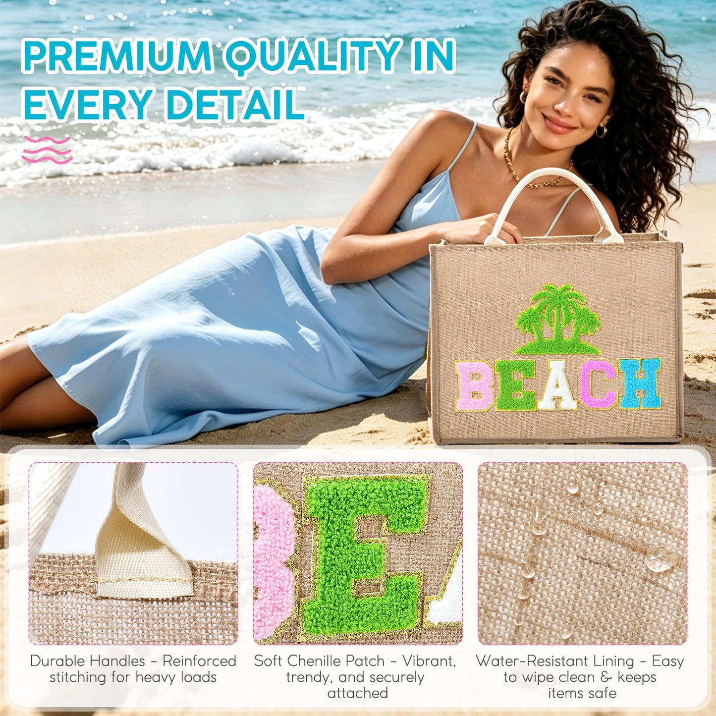 KUIRAN Beach Bag for Women, Large Woven Straw Beach Bag with Chenille Letter Patches and Water-resistant Lining, 22L Tote Handbag for Pool, Travel, Shopping, Summer Vacation, Bachelorette Gift - Green