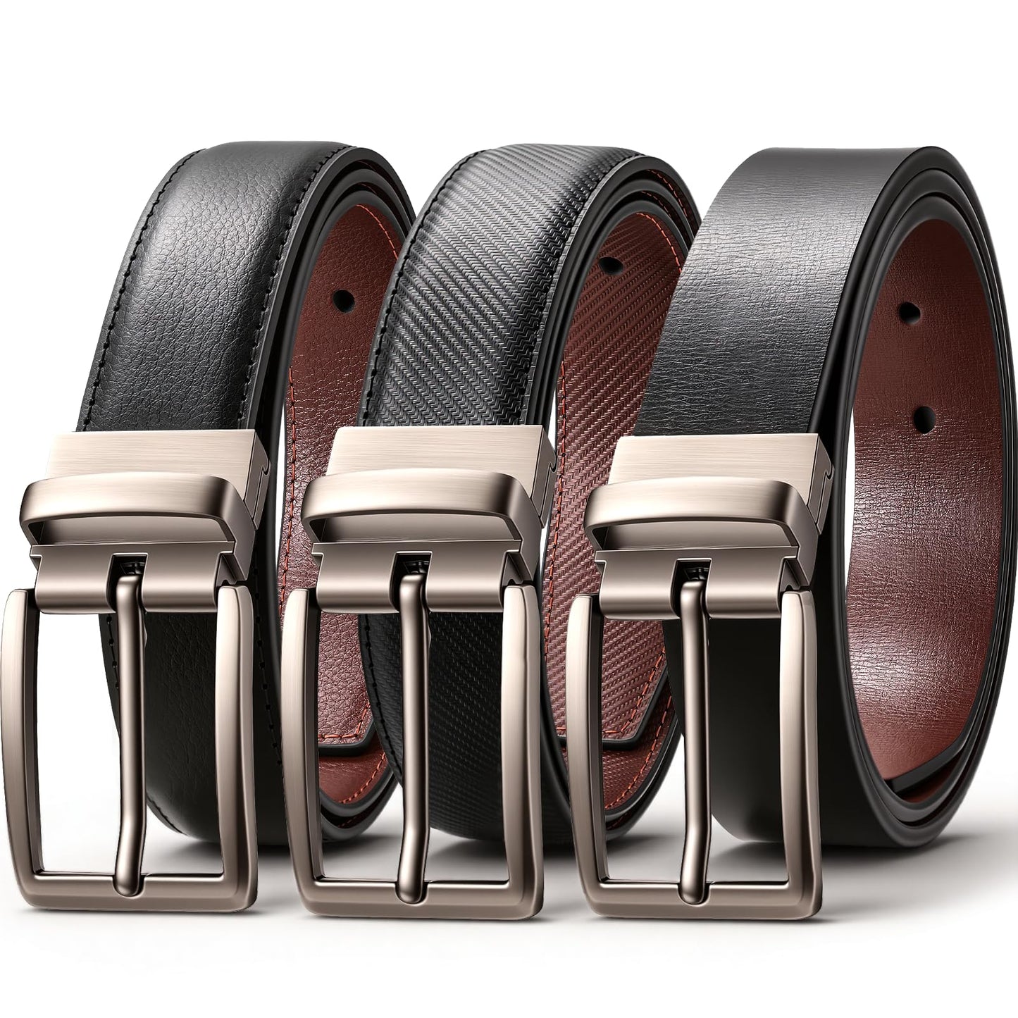 LMUGOOS 3 Pack Mens Belt Reversible Genuine Leather Belts - Adjustable & Cuttable 1.2" for Dress, Business, Casual & Jeans | Ideal Gift for Men, Dad, Husband on Birthday, Anniversary & Father's Day