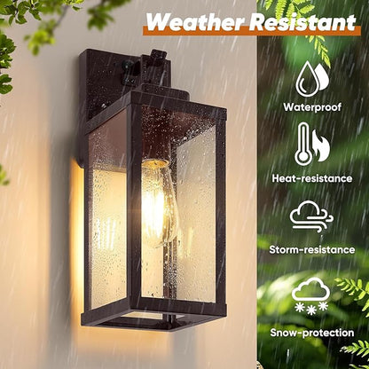 BesLowe 14” Upgraded Motion Sensor Outdoor Wall Lights, Dusk to Dawn Porch Lights Outdoor Wall Sconces, 3 Lighting Modes Exterior Lighting Fixtures with Hooks, Brown Outside Lights for House, 2-Pack