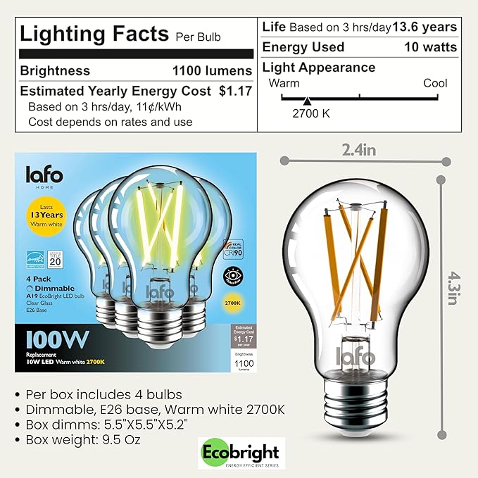 EcoBright 8PK Dimmable A19 LED Filament Bulb, 10W (100W Equivalent), E26 Base, 1100 Lumens, CRI90+, Flicker-Free Clear Glass, Energy Star Title 20, Warm White 2700K
