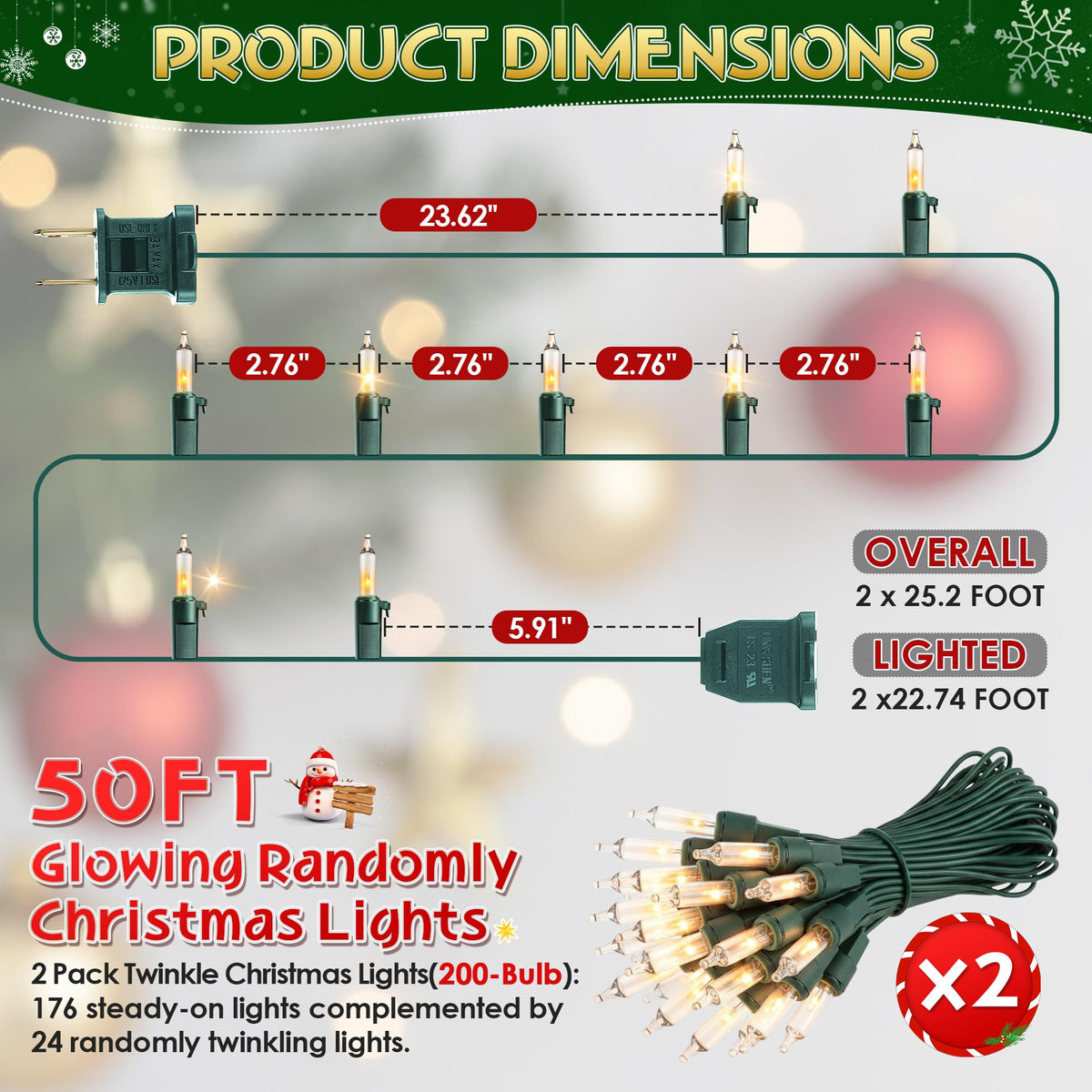 Enhon Twinkle Christmas Lights, 50.4 FT, 24 Random Twinkle Bulbs, IP44 Waterproof, White, Model LCH7-100L/2F