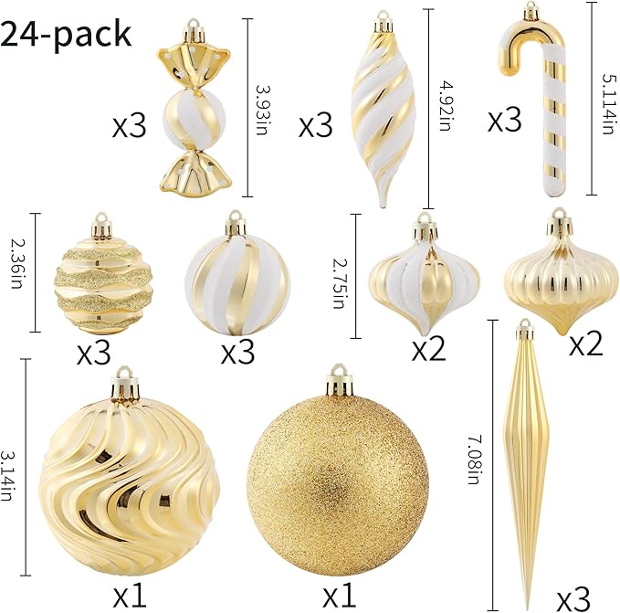 Christmas Ball Ornaments Set Shatterproof Christmas Tree Ornaments 24 PCS Painted Shaped Styles Xmas Tree for Holiday Decor,Gold