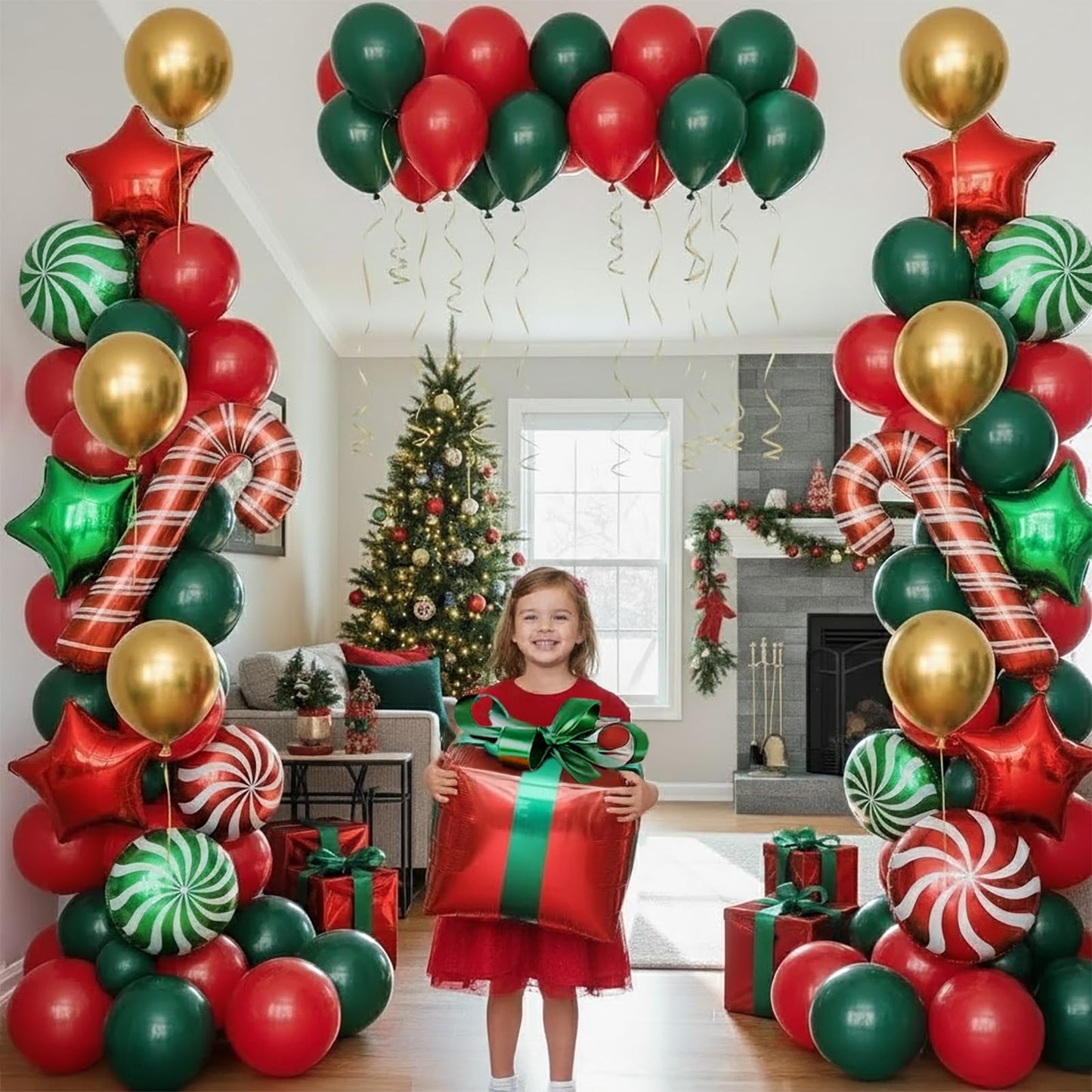 Red hunter Green Gold Christmas Balloon Garland Arch Kit Candy Cane Lollipop Balloons Box Foil Balloons glitter Tinsel Garland for Xmas Balloon Garland Kit Christmas Party Decorations