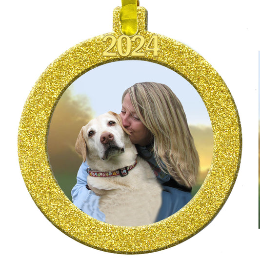 2024 Photo Ornaments for Christmas Tree, Sparkly Glitter Christmas Frame Ornament, Easy-Load Magnetic Design, Includes Satin Ribbon with Gold Charm Plus Photo Protector, Round, Gold